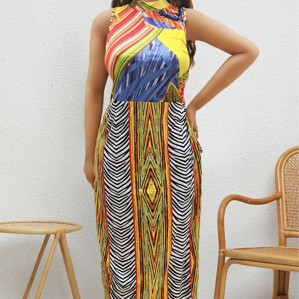 Damen Maxi-Kleid mit fröhlichem Muster R&B