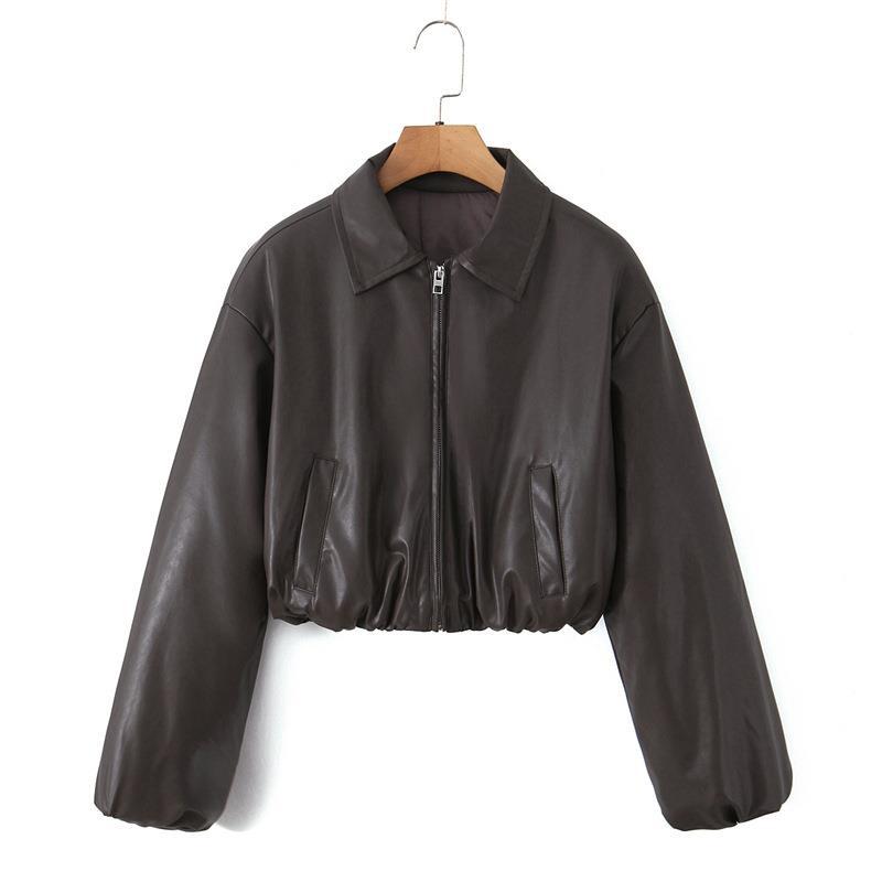 Damen cropped Kunstlederjacke mit praktischen Taschen und Gummibund R&B