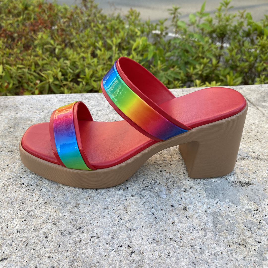 Damen Plateau-Sandalen mit regenbogenfarbenem Glanz und bequemem Absatz R&B