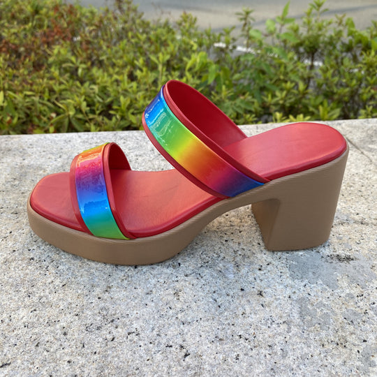 Damen Plateau-Sandalen mit regenbogenfarbenem Glanz und bequemem Absatz R&B