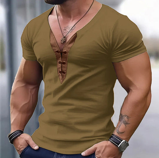 Herren trendiges V-Ausschnitt T-Shirt mit Knopfleiste R&B