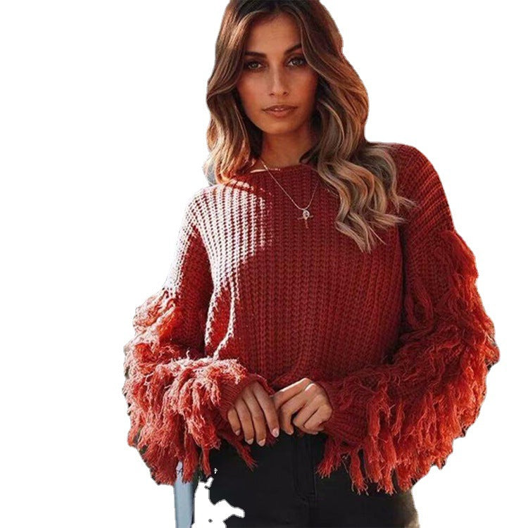 Damen gemütlicher Strickpullover mit lässigen Fransenärmel R&B