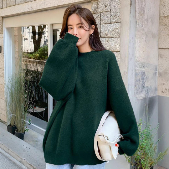 Damen oversized Strickpullover mit Rundhalsausschnitt und breiten Ärmeln R&B