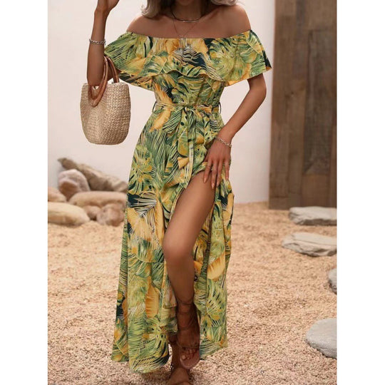 Damen Maxikleid mit Off-Shoulder-Ausschnitt und tiefem Schlitz R&B