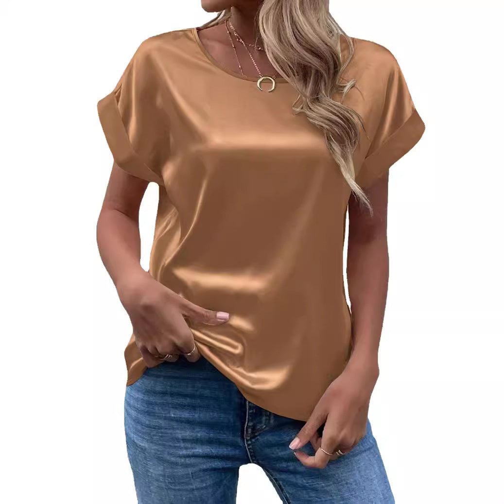 Damen Satin Oberteil mit lässigem Schnitt und umgeschlagenen Ärmeln R&B