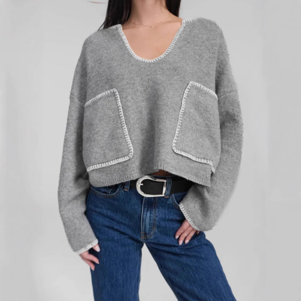 Damen lässiger Pullover mit strukturiertem Design und praktischen großen Taschen R&B