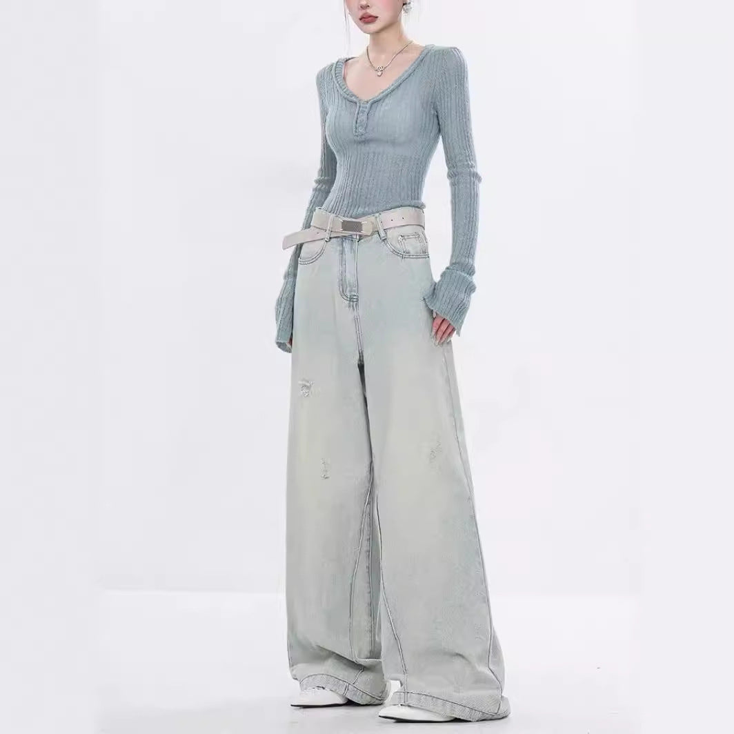Damen Elegante Weitbein-Jeans mit modischen Akzentuierungen und hohem Bund R&B