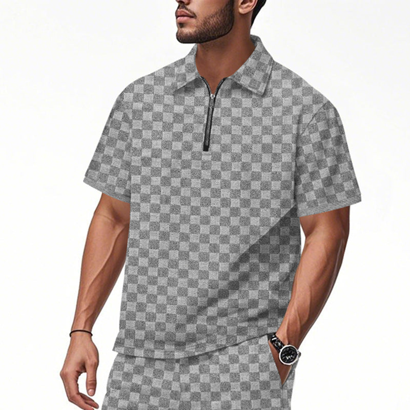 Herren Poloshirt mit halbem Reißverschluss und modernem Karomuster R&B