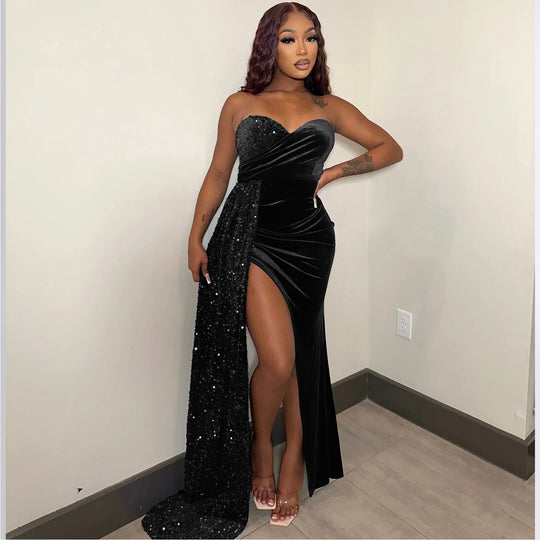 Damen Glamouröses Abendkleid mit schimmerndem Satin und hohem Schlitz R&B