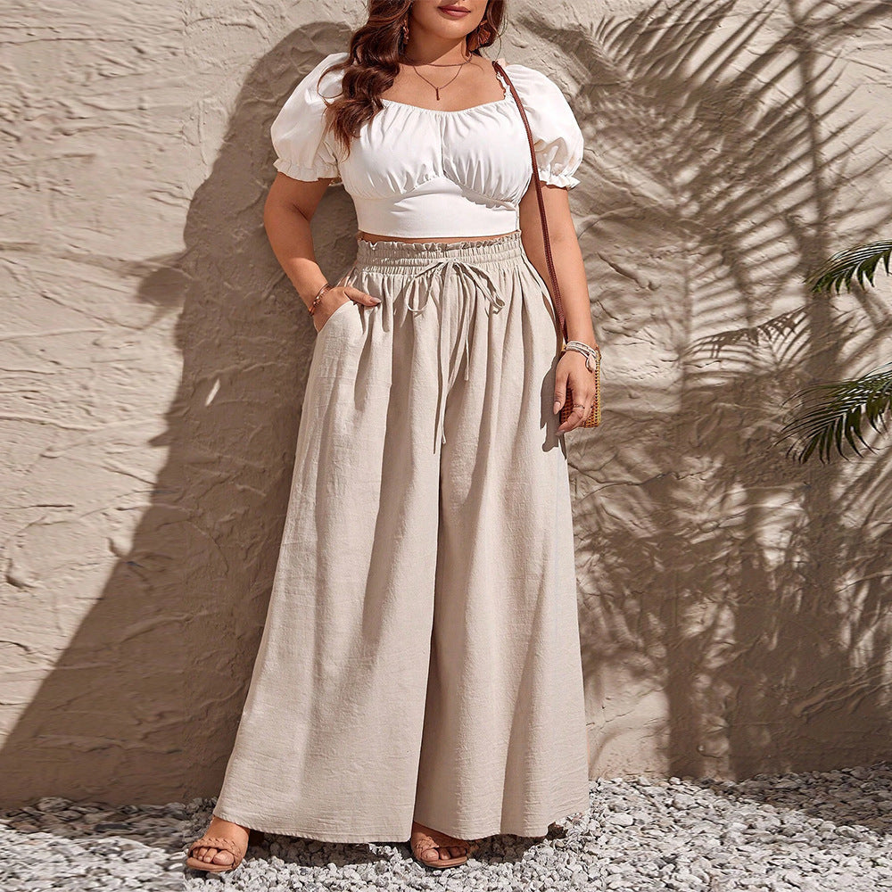 Damen weite Leinenhose mit elastischem Bund und seitlichen Taschen R&B