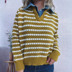 Damen Strickpullover mit tiefem V-Ausschnitt und markantem Streifenmuster R&B