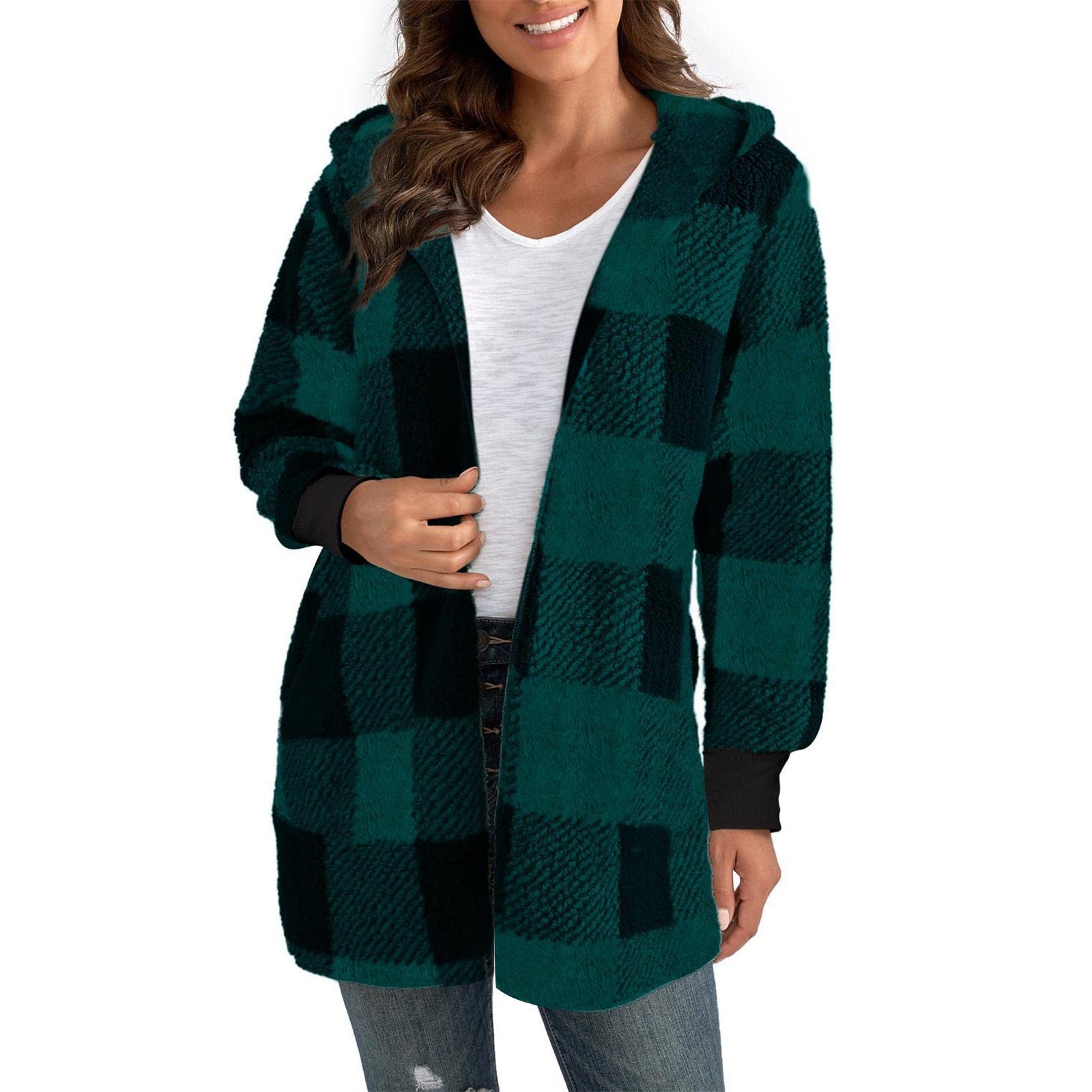 Damen Kuschelige Oversized Jacke mit Kapuze R&B