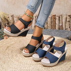 Damen Wedge-Sandalen mit elastischem Riemen und dekorativer Bast-Optik R&B