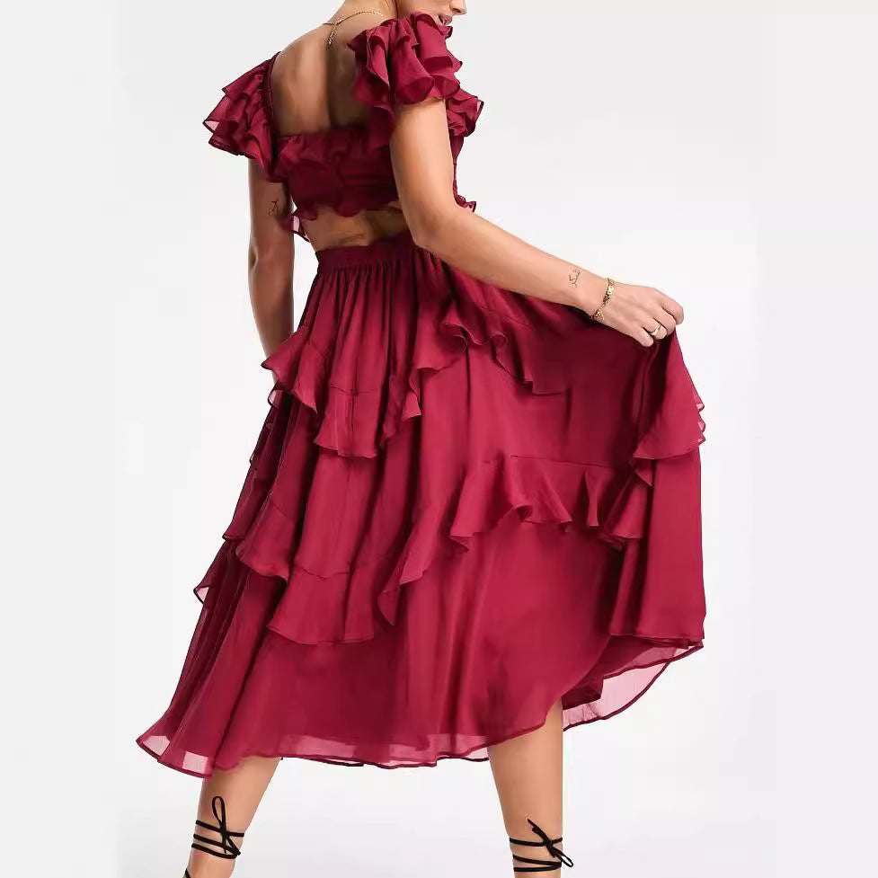 Damen Rüschen Maxikleid mit fließendem Schnitt und romantischem Design R&B