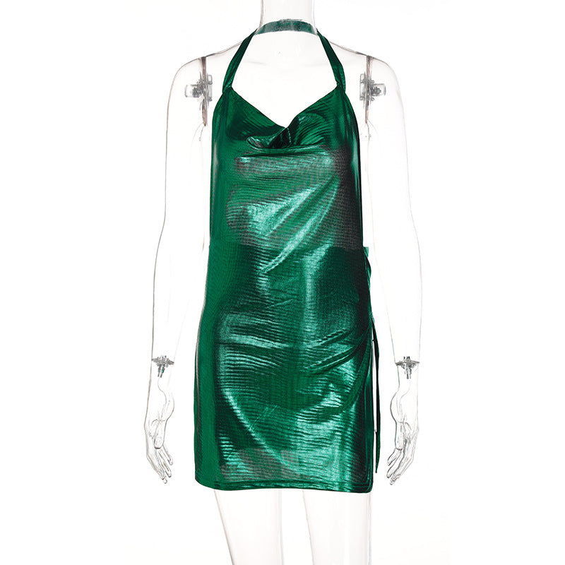 Damen glänzendes Minikleid im lässigen Chic-Stil mit Halternack R&B