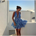 Damen Sommerliches Kleid mit tiefem V-Ausschnitt und schwingendem Rock R&B