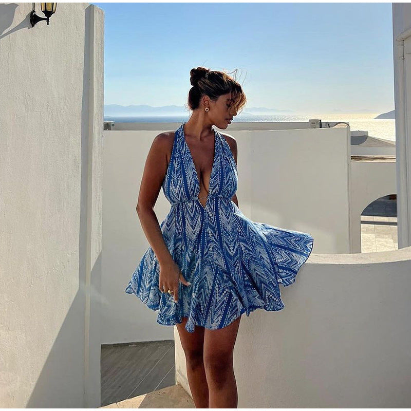 Damen Sommerliches Kleid mit tiefem V-Ausschnitt und schwingendem Rock R&B