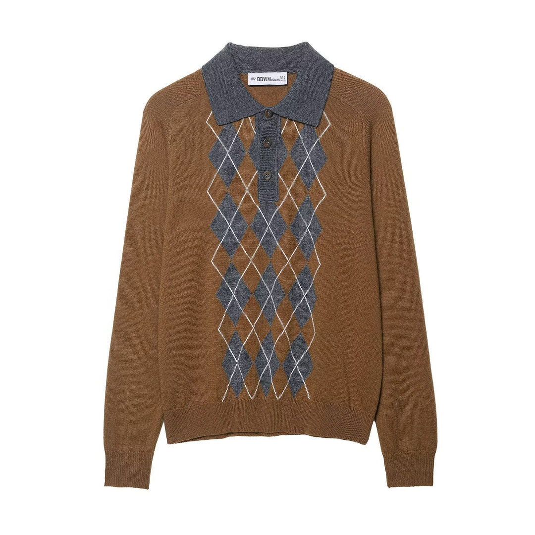 Damen Pullover mit klassischem Polokragen und modernem Rautenmuster R&B