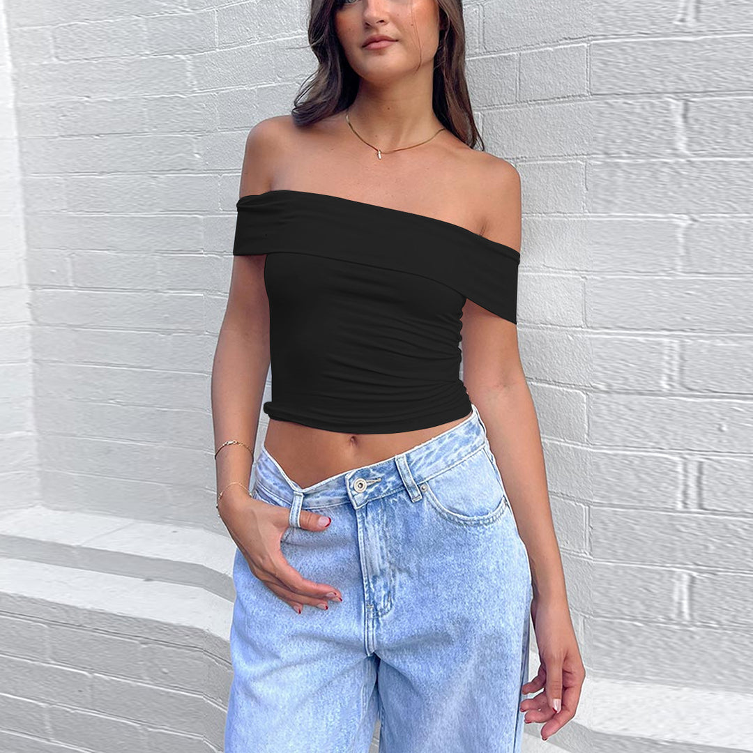 Damen Off-Shoulder Crop-Top aus elastischem Material mit figurformendem Design R&B
