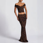 Damen Elegantes Maxikleid mit schulterfreiem Design und Leopardenmuster R&B
