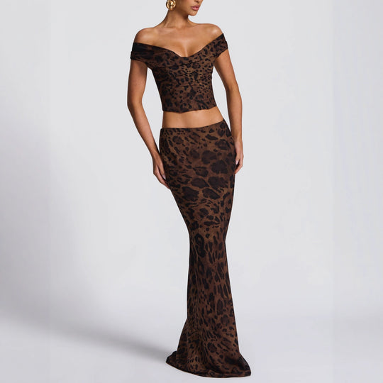 Damen Elegantes Maxikleid mit schulterfreiem Design und Leopardenmuster R&B