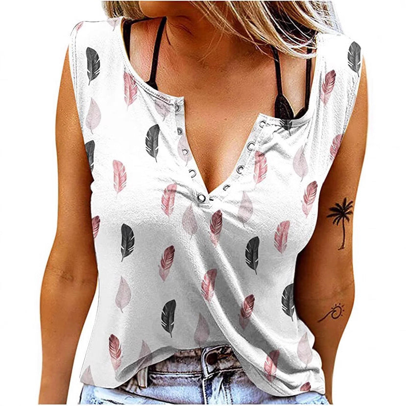 Damen Knopfleisten T-Shirt mit Federmuster R&B