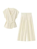 Damen elegantes Wickeloberteil und weite Palazzo-Hose Set R&B