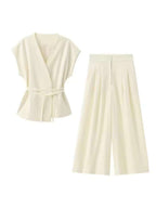 Damen elegantes Wickeloberteil und weite Palazzo-Hose Set R&B