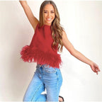 Damen Elegantes Top mit Federn und Rundhalsausschnitt R&B