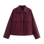 Damen lässige Wolljacke mit praktischen Brusttaschen und hochwertigem Reißverschluss R&B