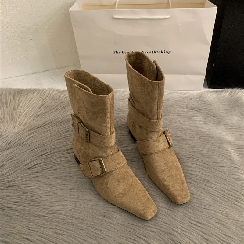 Damen elegante Stiefeletten aus hochwertigem Wildleder mit verstellbarem Riemen und spitzem Schnitt R&B