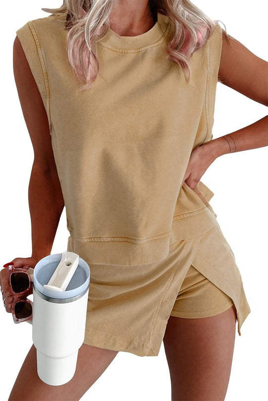 Damen nan lässiges Jerseystoff-Zweiteiler-Set mit ärmellosem kastigem Top und Wickel-Shortrock mit eingearbeiteten Shorts R&B