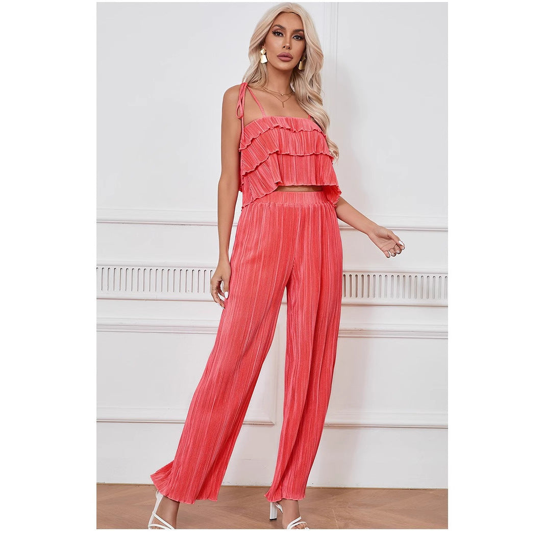 Damen Fließendes Jumpsuit mit Rüschendetails und stylischen Spaghetti-Trägern R&B