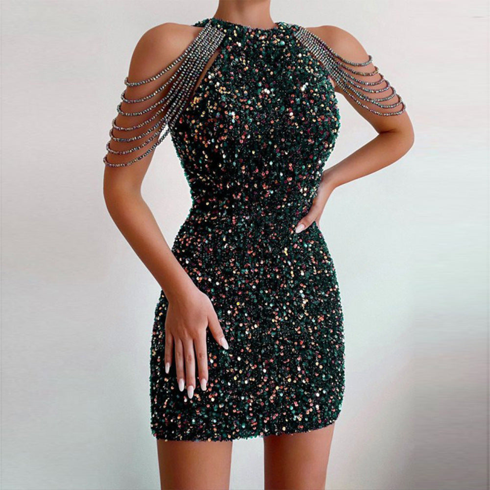 Damen Mini-Kleid mit glänzender Paillettenverzierung und eleganten Kettenärmel R&B