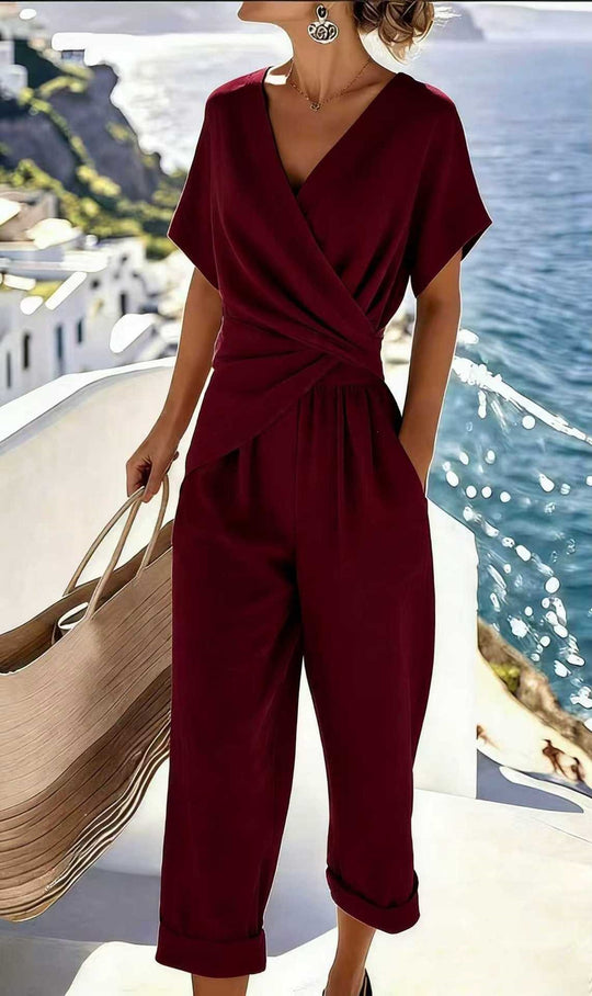 Damen Eleganter Jumpsuit mit Wickeloptik und breiten Beinen R&B