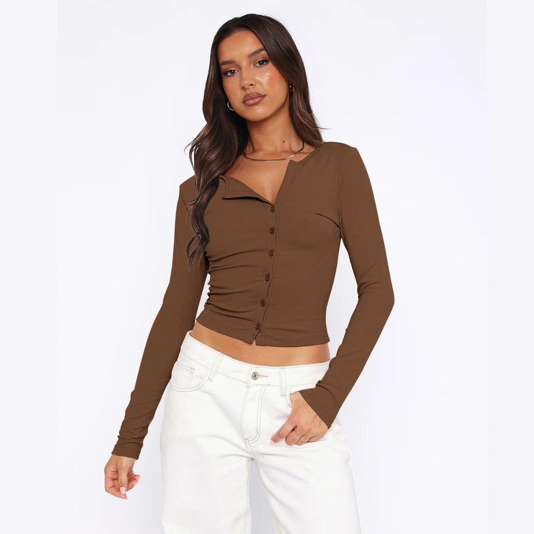 Damen figurbetontes Langarmshirt mit Knopfleiste R&B