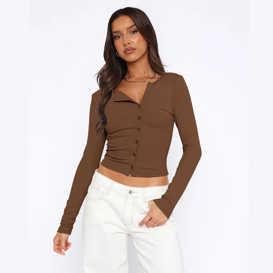 Damen figurbetontes Langarmshirt mit Knopfleiste R&B