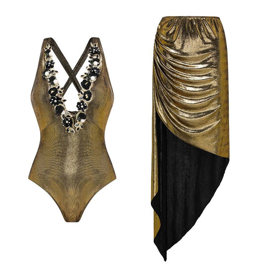 Damen Luxuriöser Schwimmanzug mit schulterfreien Rüschenträgern und passendem Maxirock R&B