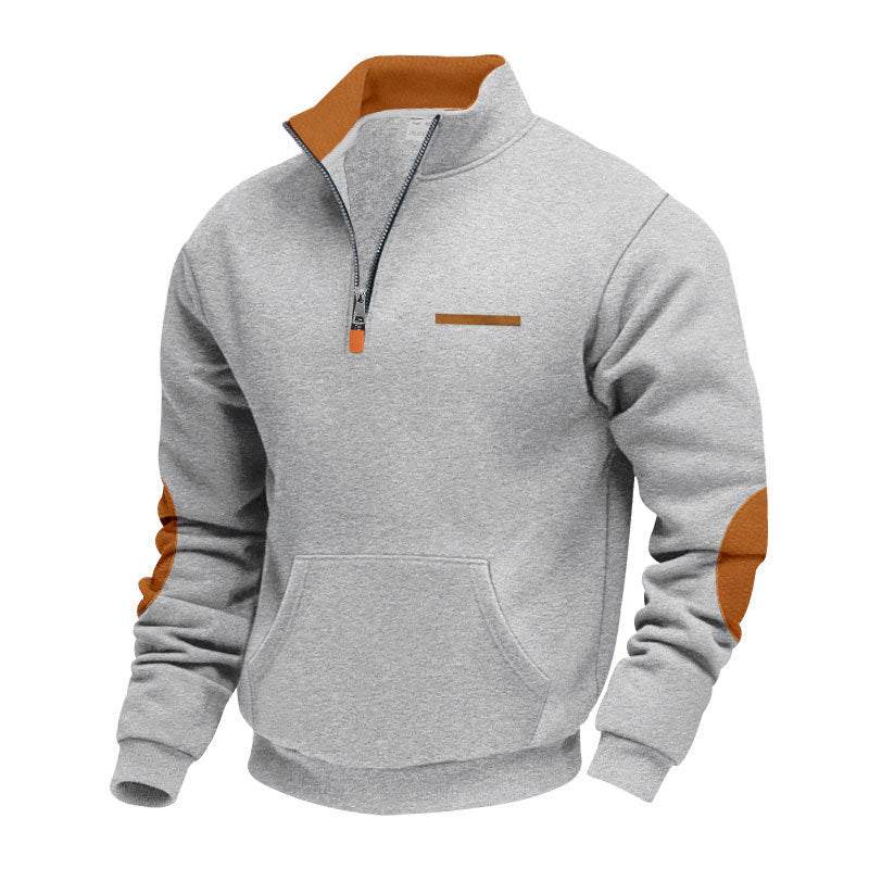 Herren nan Halbzip-Sweatpullover mit Stehkragen, Kängurutasche und Ellenbogenbesatz R&B