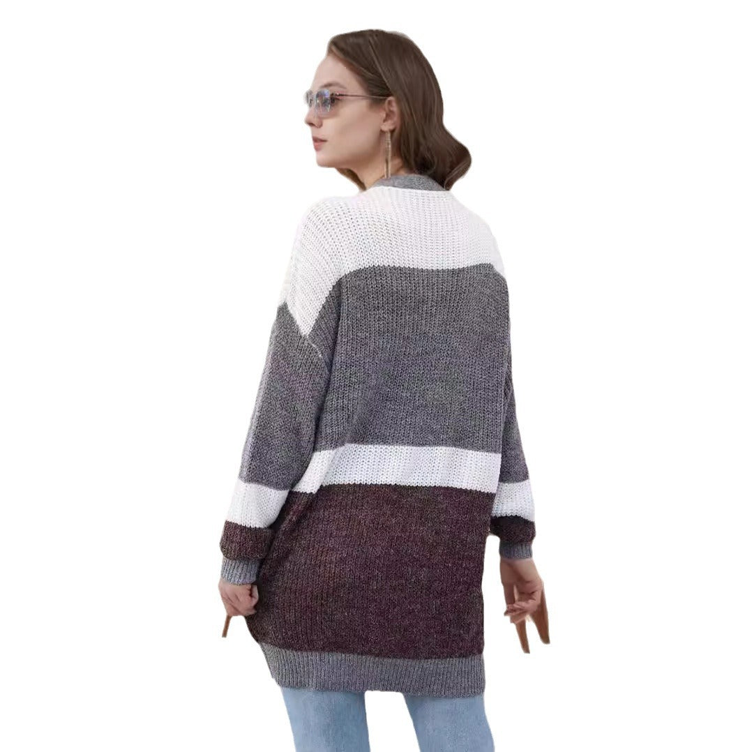 Damen lockere Strickjacke mit modischem Streifenmuster R&B