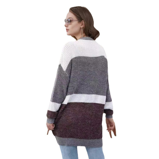 Damen lockere Strickjacke mit modischem Streifenmuster R&B