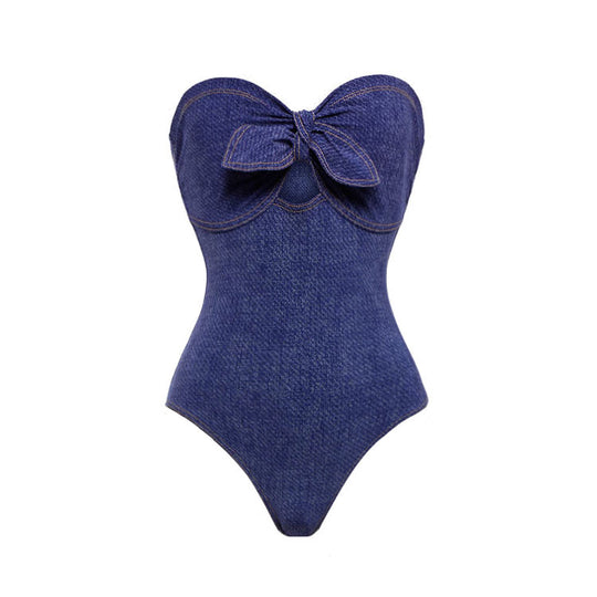 Damen Bandeau Badeanzug mit dekorativen Schleifen und gestreiftem Maxiröckchen R&B