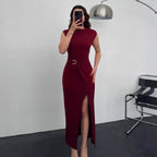 Damen Elegantes Wickelkleid mit seitlichem Schlitz und Gürtel R&B