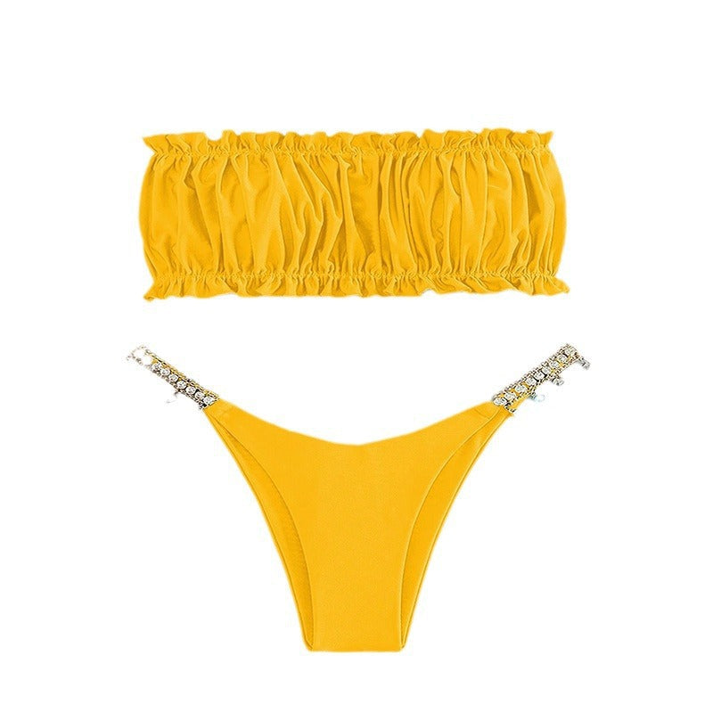 Damen Bandeau-Bikini mit dekorativem Rüschendesign und Schmuckdetails R&B