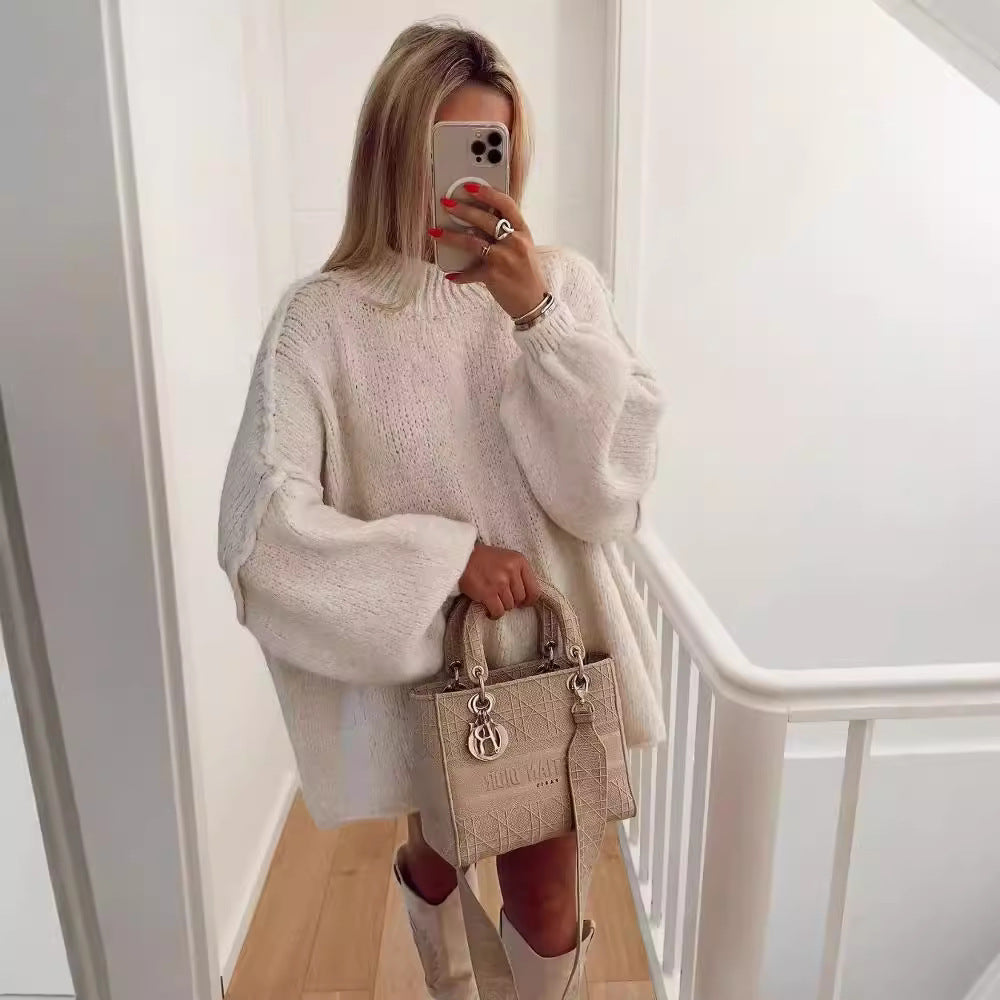 Damen lockerer Strickpullover mit hohem Kragen und überschnittenen Schultern R&B
