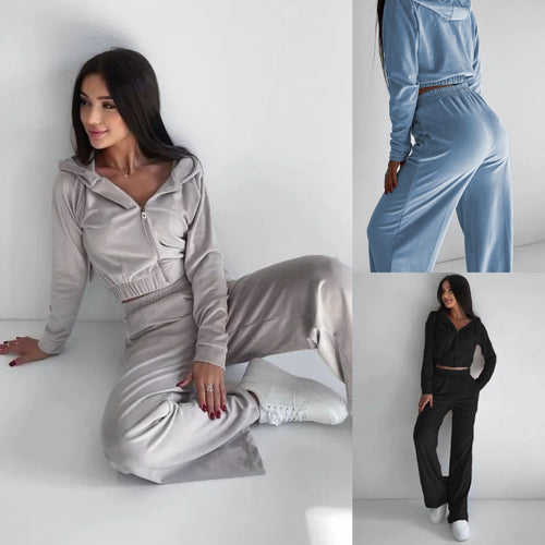 Damen sportliches Fleece Lounge-Set mit kurzem Schnitt und elastischem Bund R&B