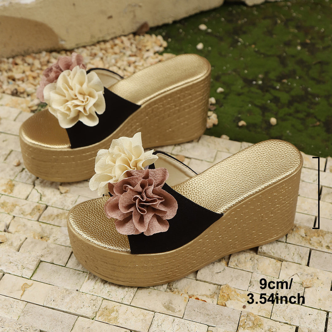 Damen Wedge-Pantoletten mit dekorativer Blumenapplikation und rutschfester Sohle R&B