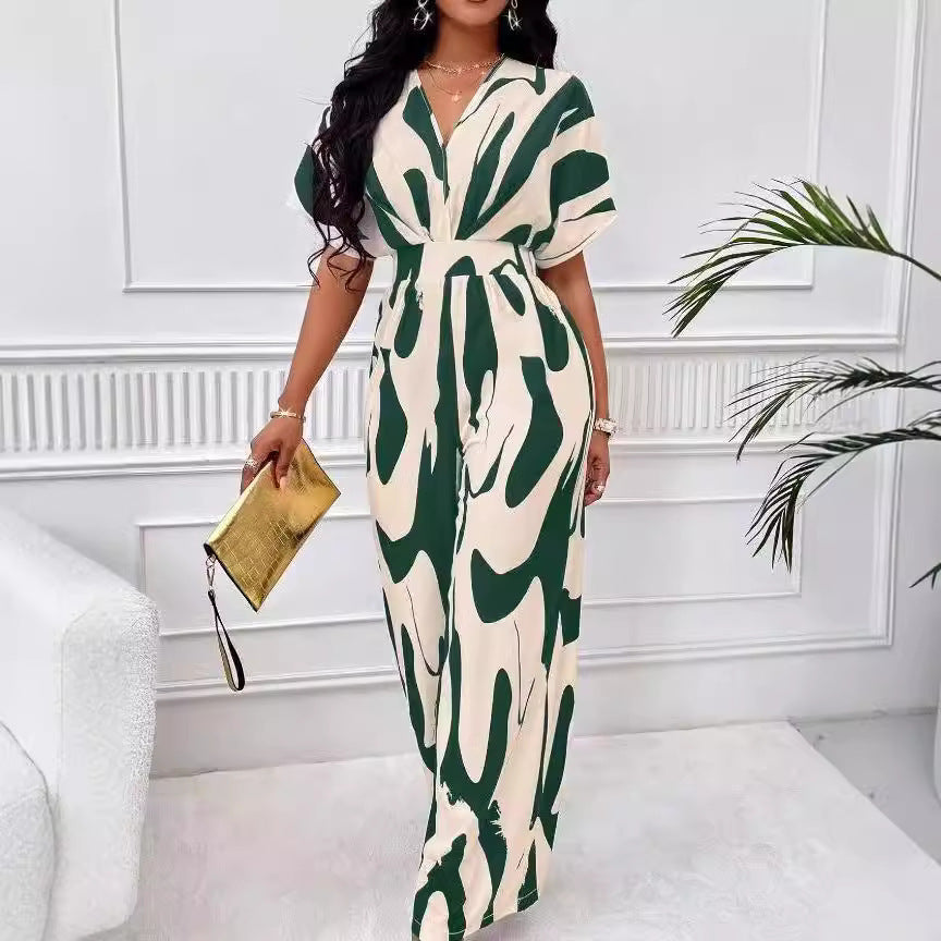 Damen Eleganter Jumpsuit mit großflächigem Muster und V-Ausschnitt R&B
