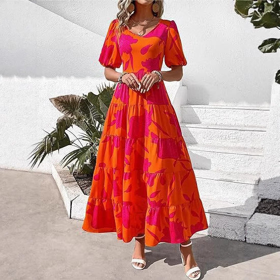 Damen Maxi-Kleid mit floralem Design und voluminösem Rock R&B