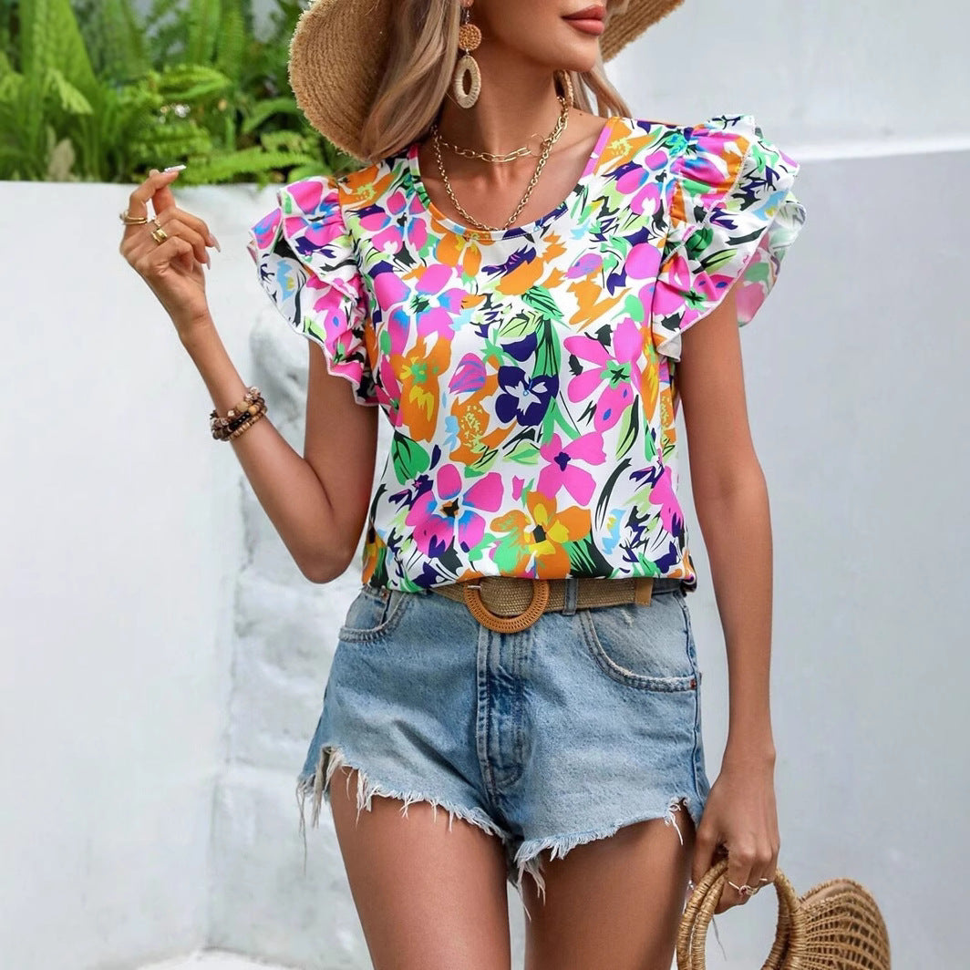 Damen modisches T-Shirt mit Rüschendetails und floralem Muster R&B